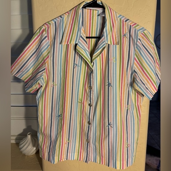 Vintage Alfred Dunner rainbow stripped short sleeve button down dragonfly stitch - Picture 1 of 8